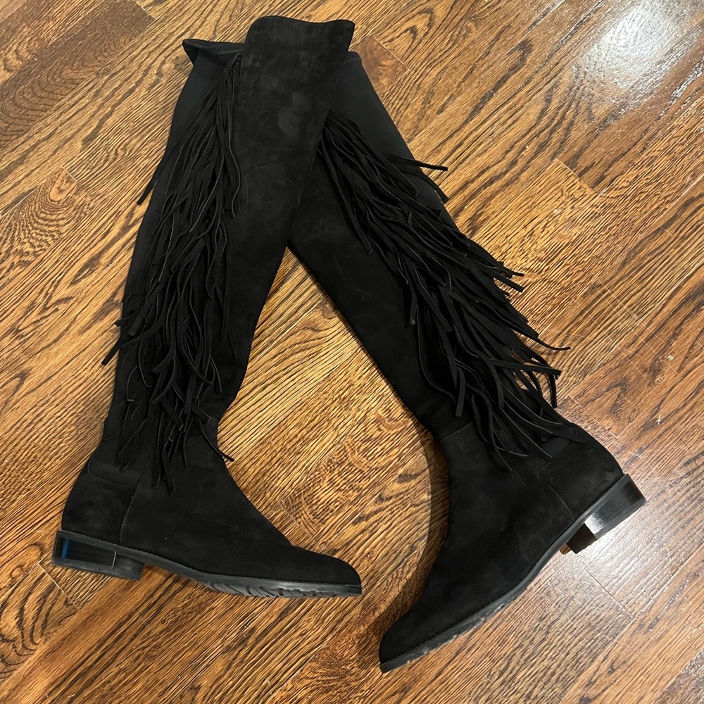 Stuart Weitzman Fringe Black Over-the-Knee Boots